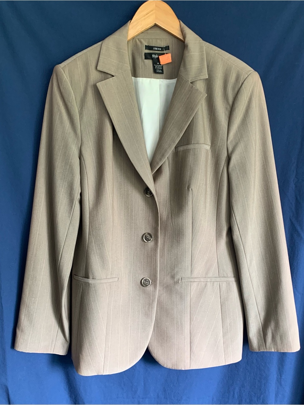 Style & Co. Size 14 Taupe Pinstripe Blazer